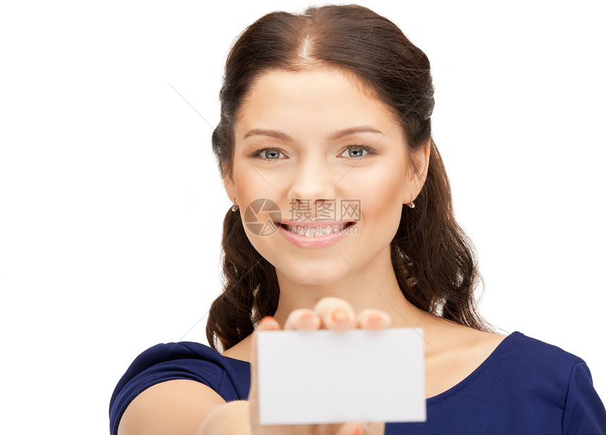拥有名片的妇女人士白色女性微笑商务卡片广告商业快乐空白图片