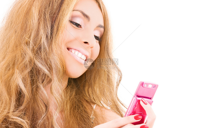 拥有手机的幸福妇女八卦邮件短信冲浪上网微笑女孩网络电话细胞图片