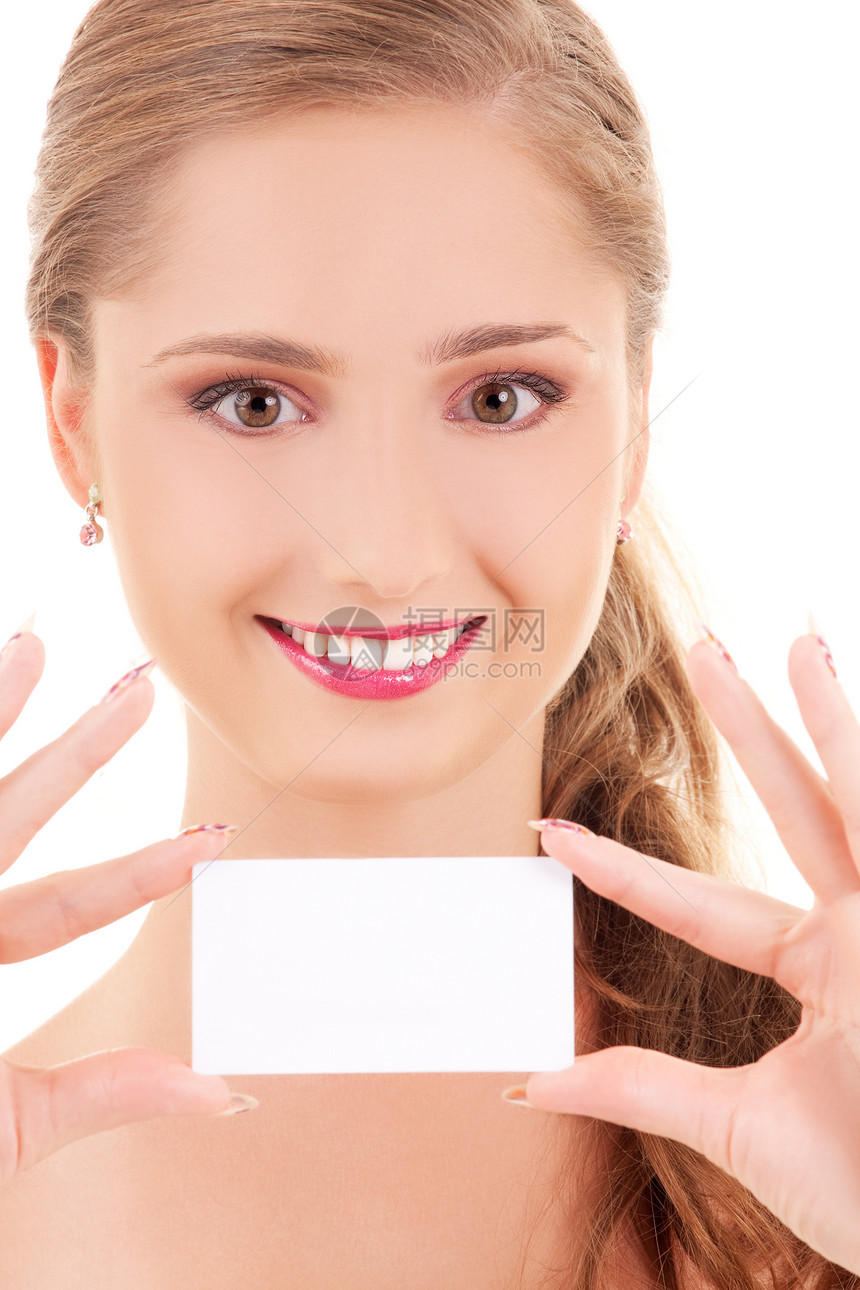 拥有名片的快乐女孩女性商业空白白色青少年卡片商务广告微笑人士图片