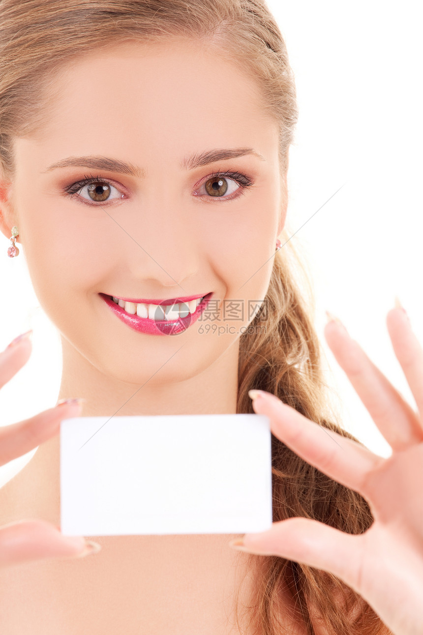 拥有名片的快乐女孩商业广告女性商务青少年卡片空白人士微笑白色图片