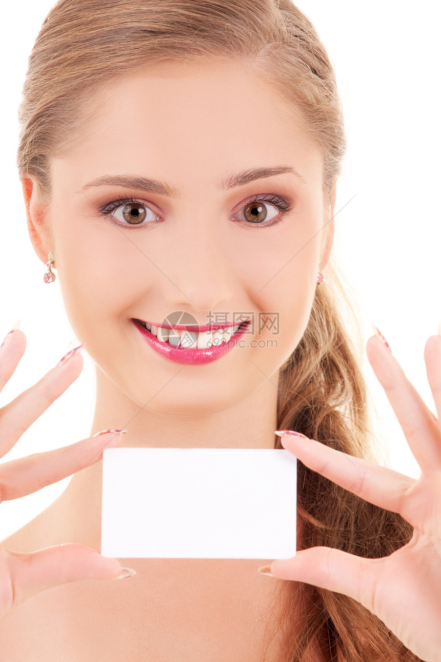 拥有名片的快乐女孩白色女性卡片微笑人士广告青少年空白商务商业图片