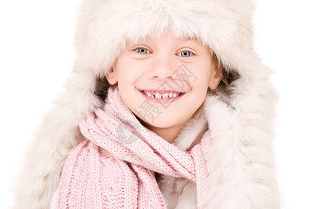 戴冬帽的快乐女孩毛皮微笑帽子乐趣棉被情感喜悦幸福童年围巾背景图片