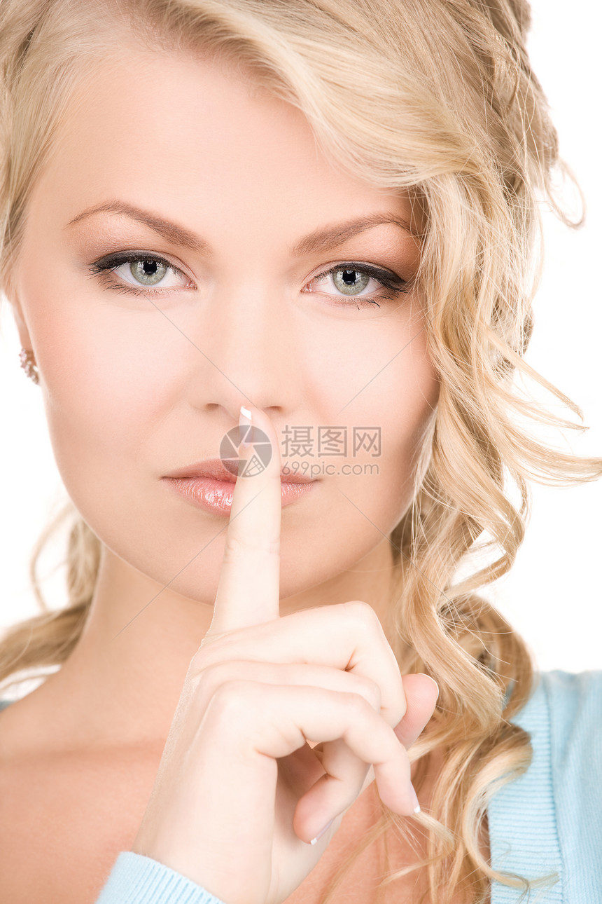嘴唇上的手指秘密成人警告白色阴谋女性手势灰眼睛女孩金发女郎图片