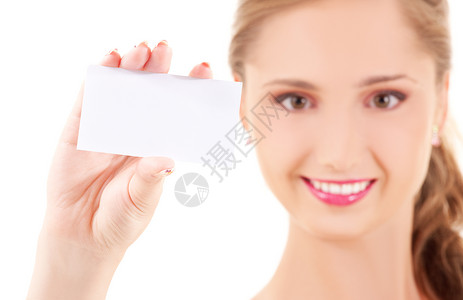 拥有名片的快乐女孩商业女性空白卡片白色商务广告人士微笑青少年背景图片