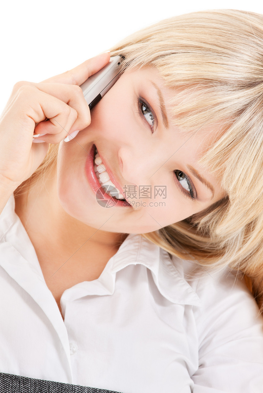 拥有手机的幸福妇女人士呼唤技术女孩商务享受电话细胞微笑金发女郎图片