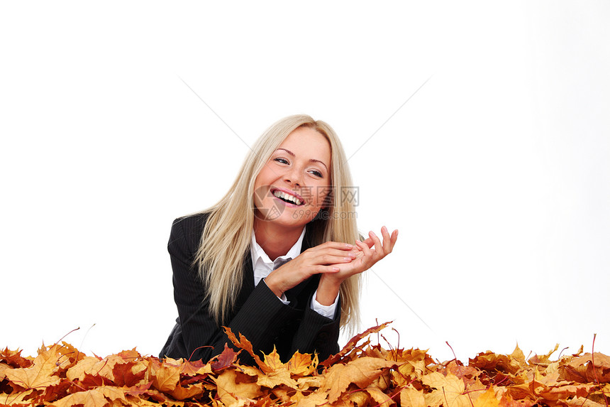 在演播室的秋天女商务人士女孩成人伙伴商业少年季节叶子头发人士情感图片
