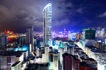 香港市中心 夜中高处风景摩天大楼办公室天际地标城市建筑物背景图片
