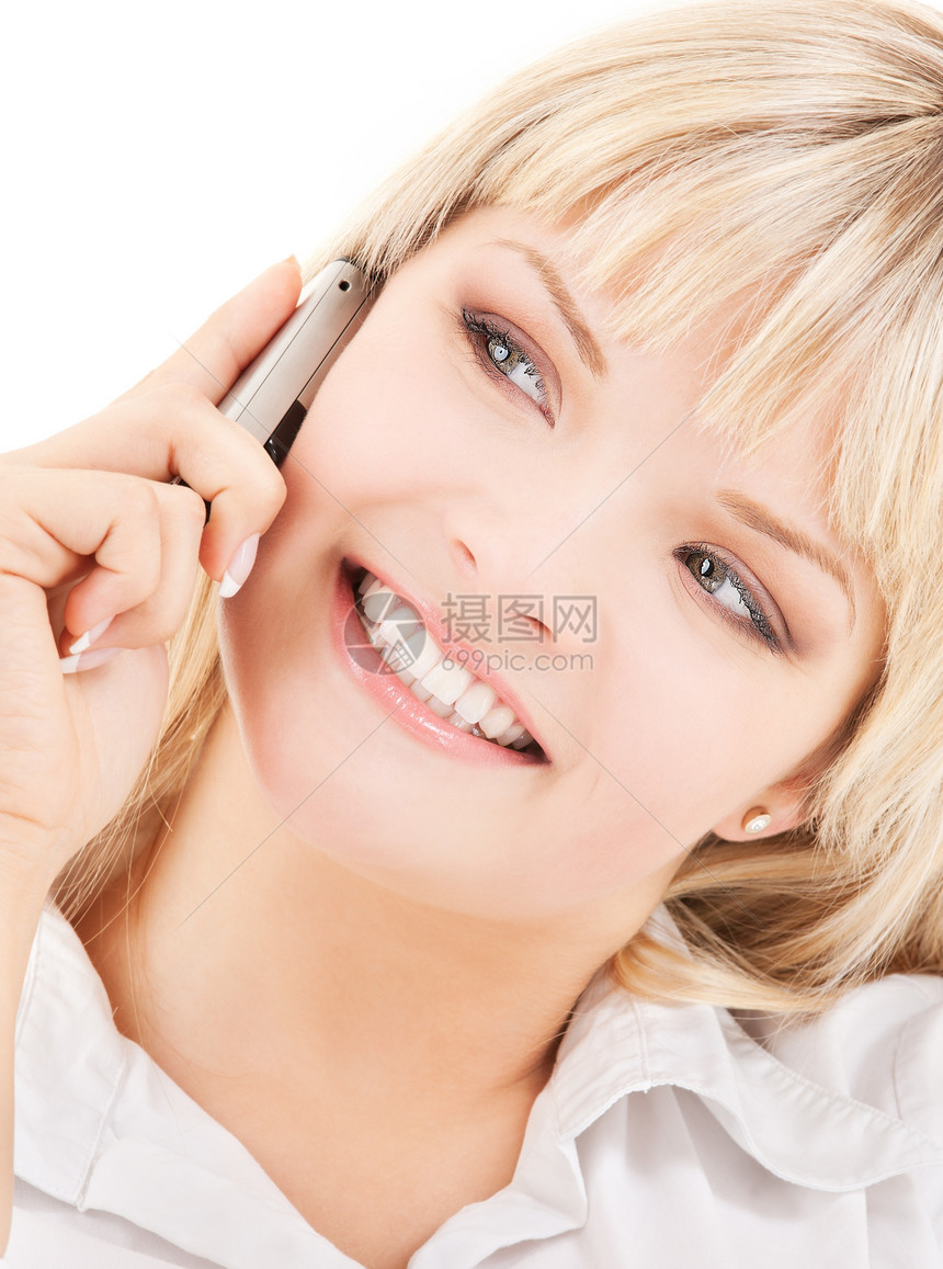 拥有手机的幸福妇女女性细胞快乐电话技术呼唤女孩八卦金发女郎商务图片