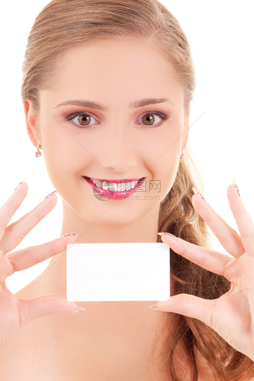 拥有名片的快乐女孩女性卡片青少年白色人士商业商务广告微笑空白图片