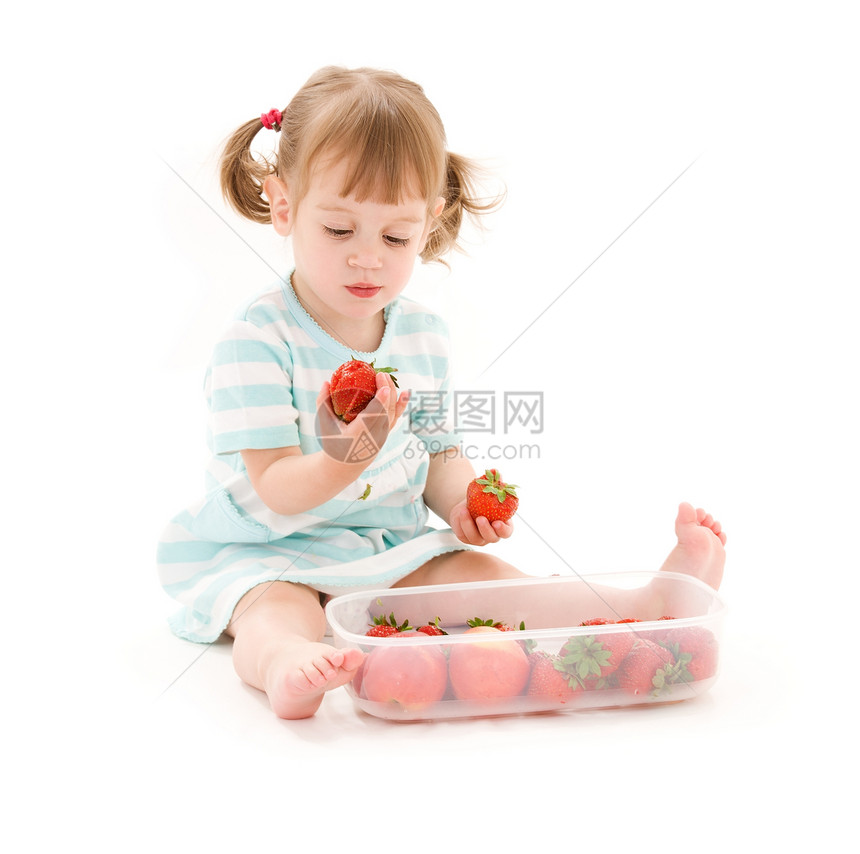 有草莓的小女孩活力甜点红色白色条纹女孩女性营养童年盒子图片