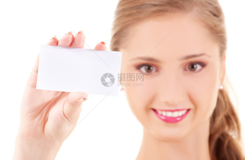 拥有名片的快乐女孩卡片商务广告女性人士微笑青少年商业白色空白图片