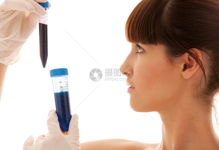实验室工作检查医生教育药品液体化学小瓶蓝色手套实验图片