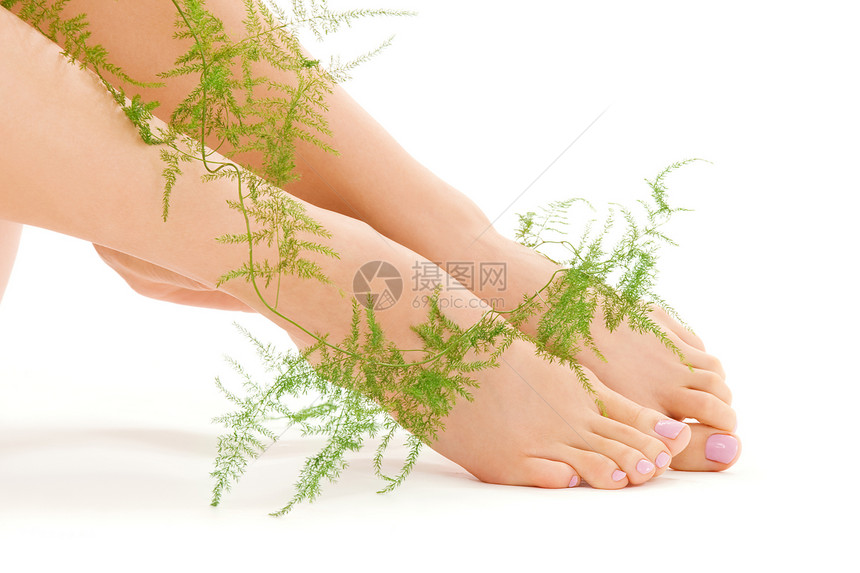 以绿色的植物为生护理女孩活力福利皮肤温泉卫生修脚平衡赤脚图片