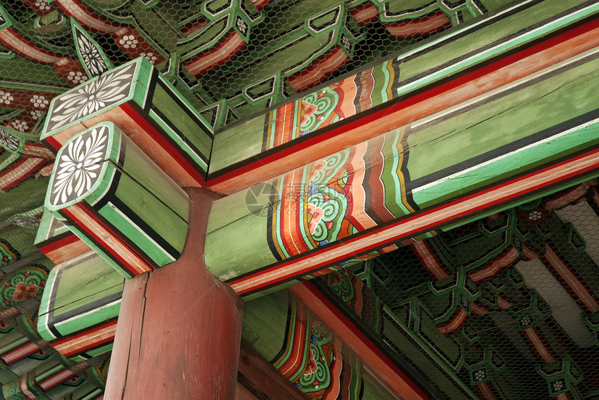 南朝鲜河西城寺庙的细细细节建筑学宗教木头遗产文化艺术图片