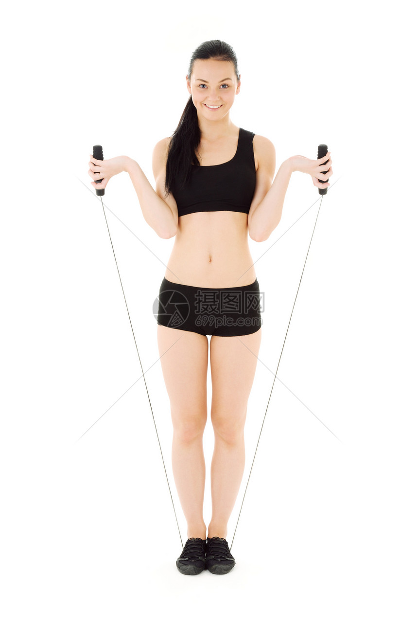 健身教练运动训练女性女孩黑发跳绳减肥平衡活力运动员图片