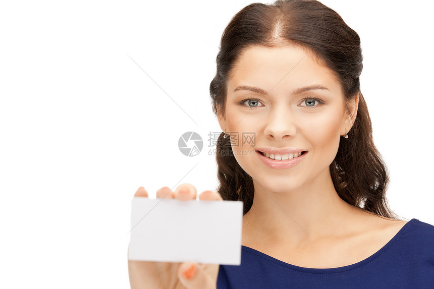 拥有名片的妇女女孩商业卡片白色快乐女性人士广告商务微笑图片