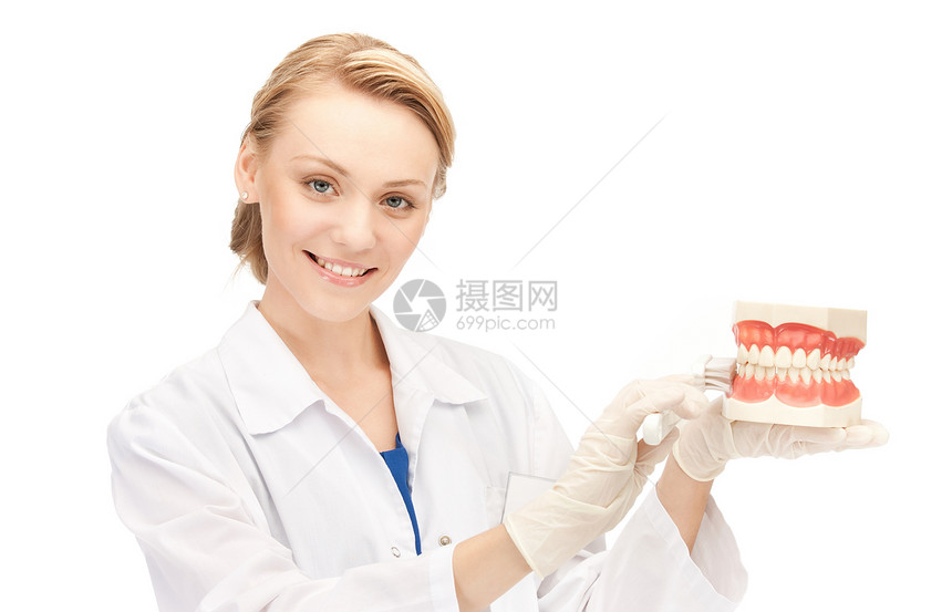 有牙刷和下巴的医生保健牙科女士口腔科搪瓷卫生美白微笑刷子女性图片