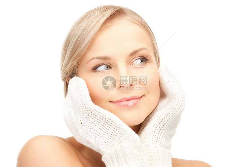 穿戴手套的美丽女子女孩女性衣服季节羊毛皮肤幸福容貌成人福利图片