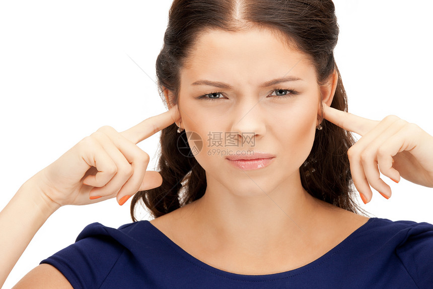 妇女用手指耳聋震惊压力耳朵侮辱噪音沮丧疼痛苦难情怀头痛图片