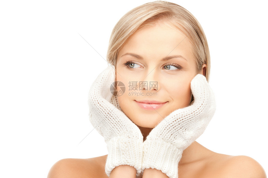 穿戴手套的美丽女子女孩幸福成人护理皮肤福利女性季节容貌羊毛图片