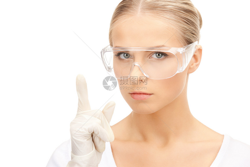 戴防护眼镜和手套的妇女安全药品女性研究专家保健成人研究员化学家科学家图片