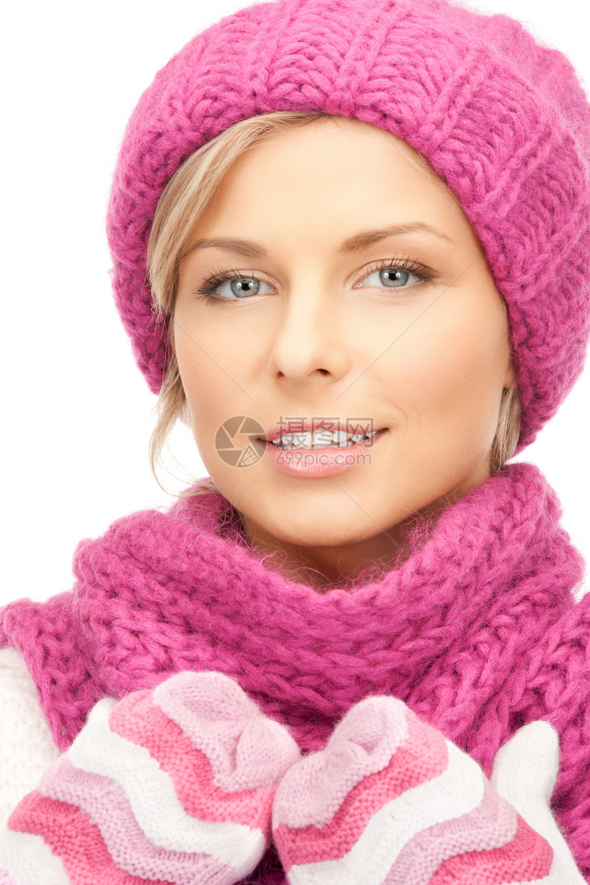 戴冬帽的美女衣服幸福季节微笑成人女性羊毛女孩棉被围巾图片
