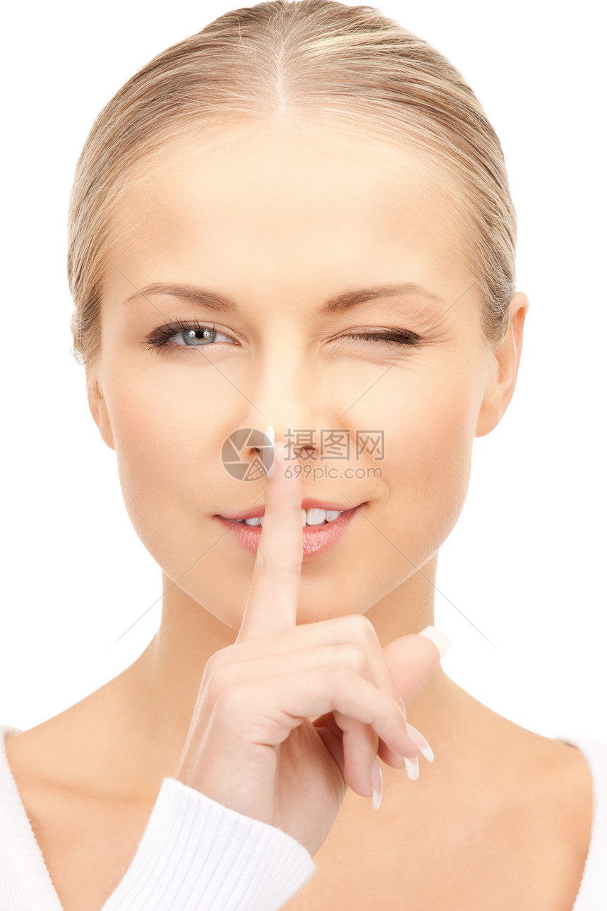 嘴唇上的手指女孩微笑女性阴谋秘密成人手势生意人商务人士图片