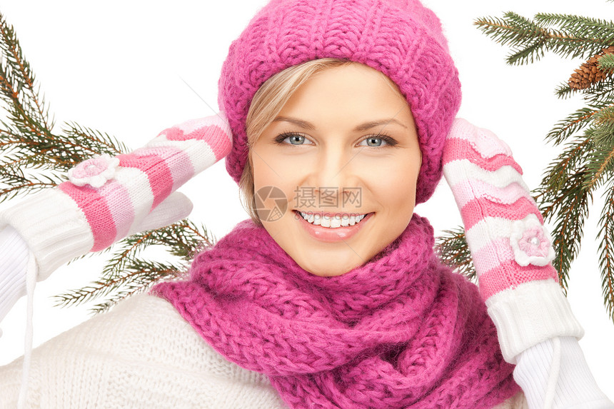 戴冬帽的美女羊毛福利女性帽子棉被女孩幸福衣服手套微笑图片