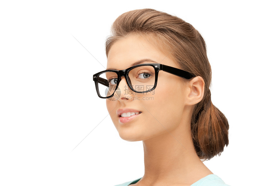 美丽的女子在眼镜中女性眼睛光学白色人士商务学生女孩青少年图片