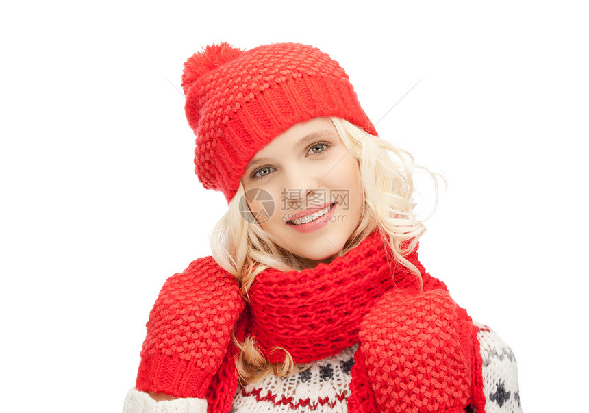 穿着帽子 毛衣和手套的美女衣服微笑快乐季节棉被羊毛福利成人女孩女性图片