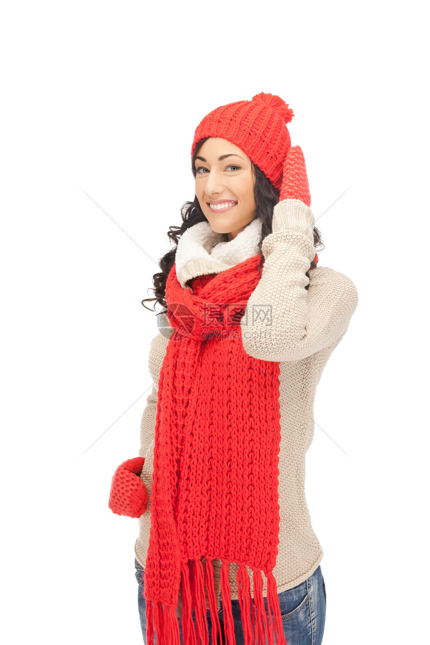 穿着帽子 毛衣和手套的美女女性衣服女孩季节棉被围巾羊毛微笑成人快乐图片