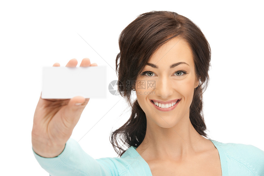 拥有名片的妇女空白商业人士女孩卡片商务广告女性微笑快乐图片