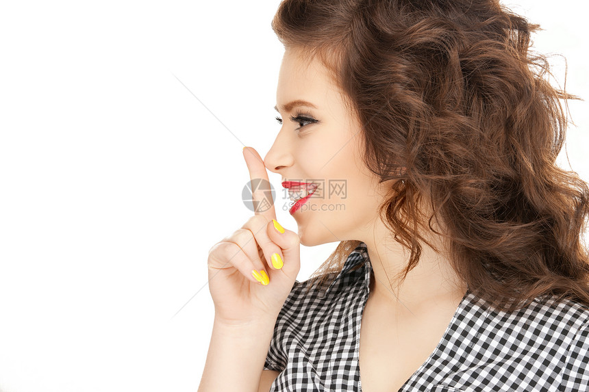 嘴唇上的手指成人微笑手势女孩商务生意人秘密警告女性人士图片