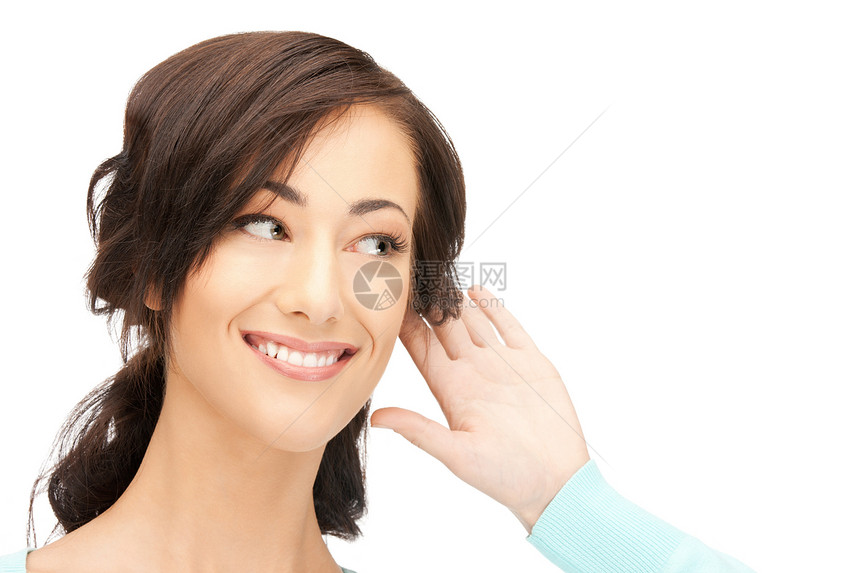 妇女监听流言谣言废话微笑女性传闻秘密手势耳朵商务注意力图片