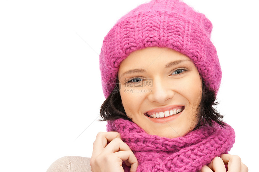 戴冬帽的美女羊毛成人帽子女性季节幸福福利围巾女孩衣服图片