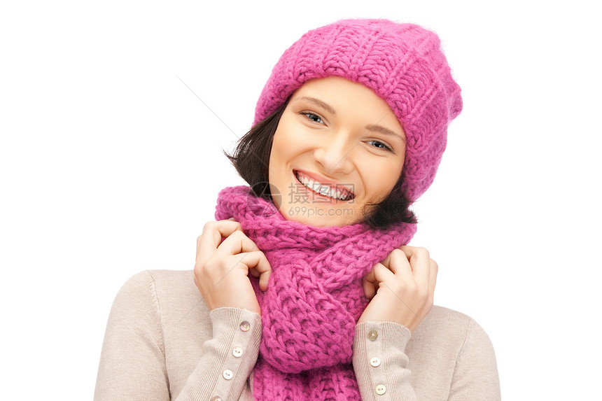 戴冬帽的美女女性季节福利女孩成人幸福棉被帽子衣服围巾图片