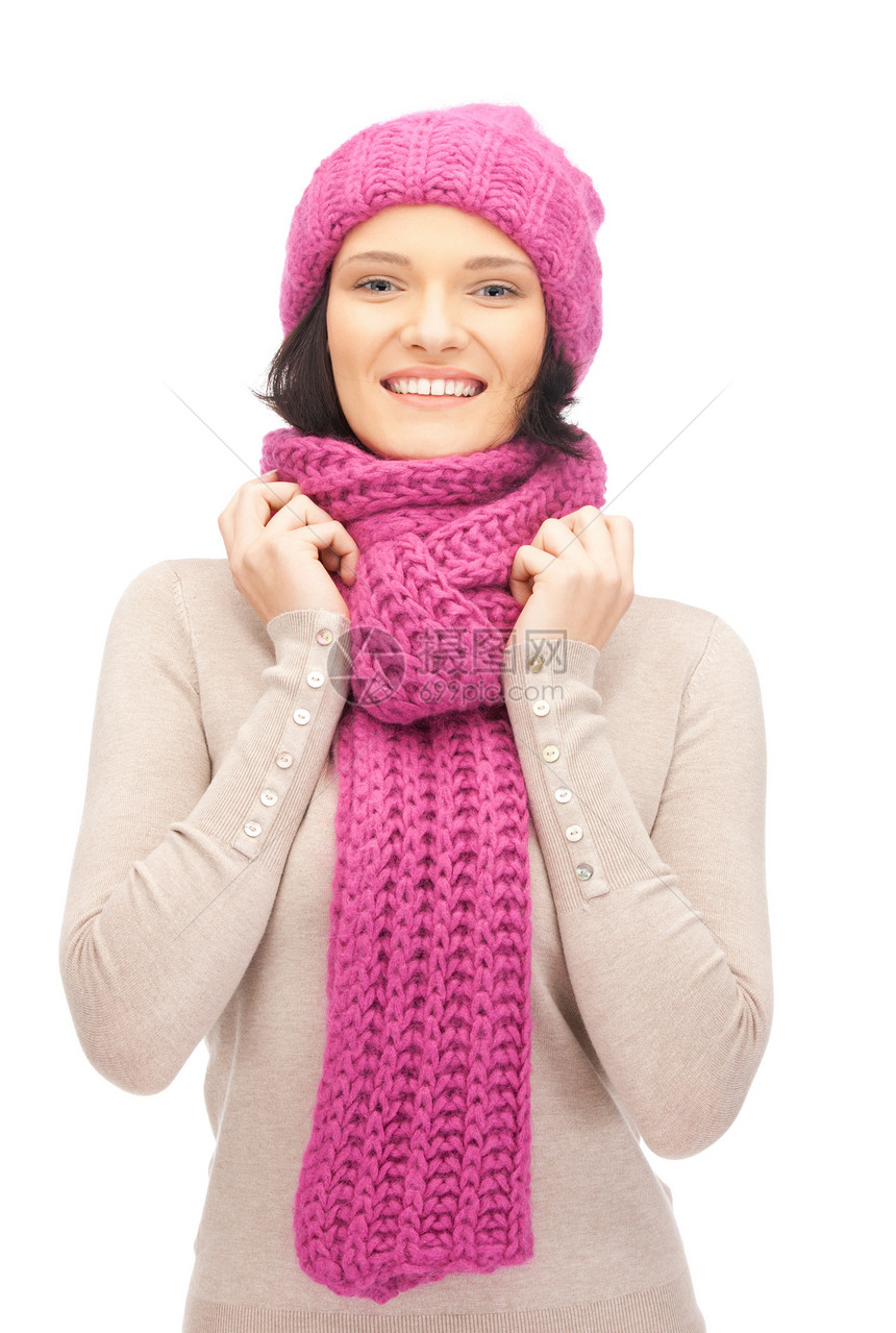 戴冬帽的美女棉被幸福成人季节羊毛女孩围巾女性衣服帽子图片