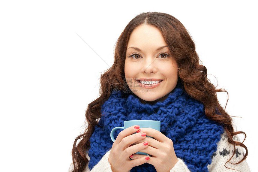 蓝脸女人饮料女孩女性微笑蓝色杯子成人季节福利图片