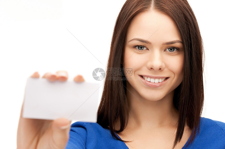 拥有名片的妇女女孩商务微笑快乐白色商业空白卡片女性人士图片