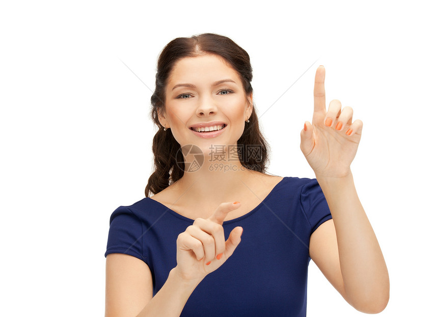 女人的手指举起她的手指白色微笑快乐手势注意力成人指挥女孩女性商务图片