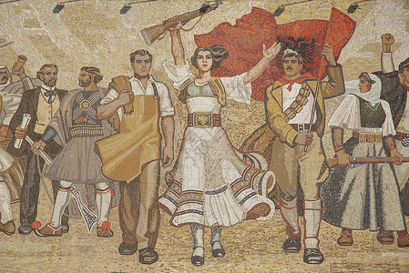 提拉纳阿尔巴尼亚的阿巴尼民族主义壁画宣传制品陶瓷艺术背景图片