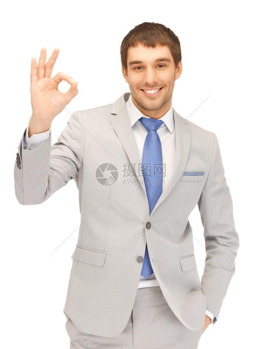显示好标志的英俊的人微笑学生职员企业家商业工人男性快乐手指成功图片