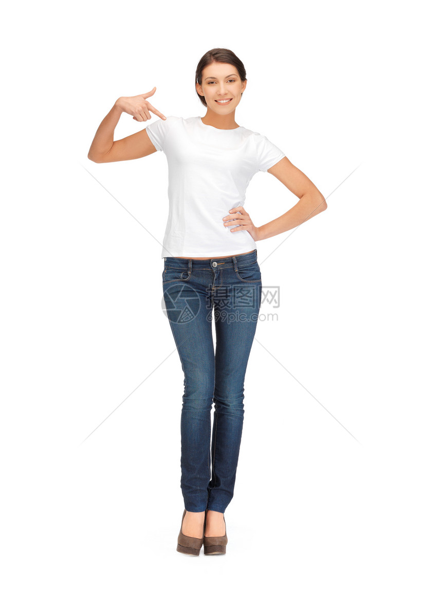 快乐和无照顾的少女女性青年衬衫微笑牛仔裤白色蓝色青少年女士学生图片