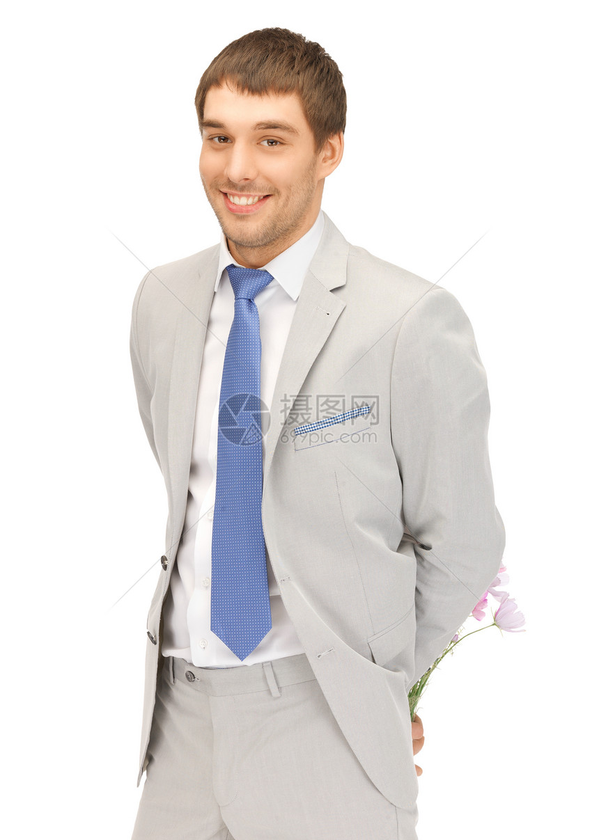 手拿着鲜花的帅帅帅男人大男子丈夫花朵成人皮士工人商务男性庆典快乐图片