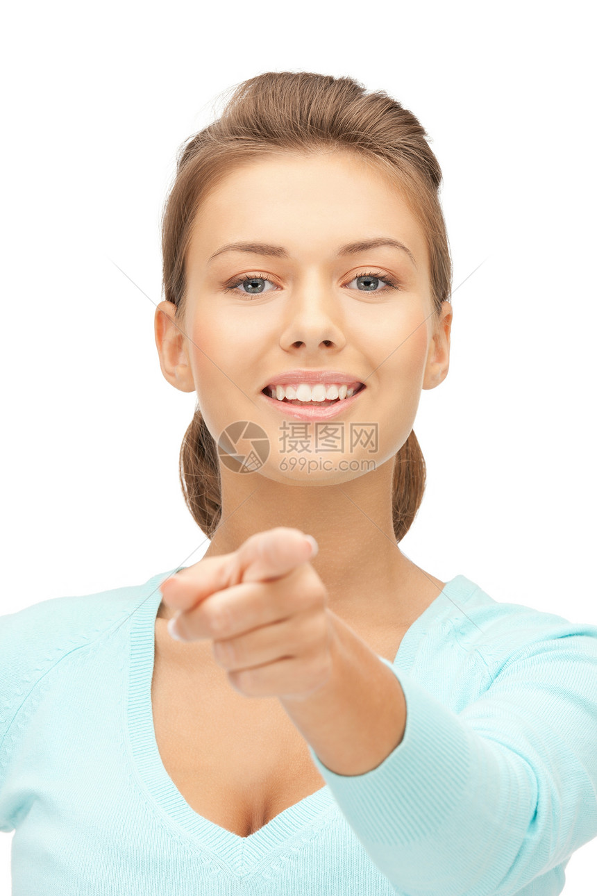 女商务人士指着她的手指警报成人手势公告手臂商业商务女孩工作室女性图片