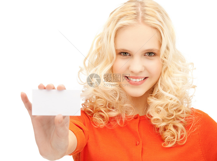 具有商业名片的有吸引力的学生女性空白卡片快乐商务人士女孩青少年广告白色图片