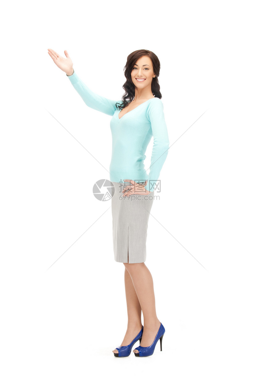 吸引有吸引力的女商务人士指着她的手快乐手势商务指责采摘白色行动手臂商业指挥图片
