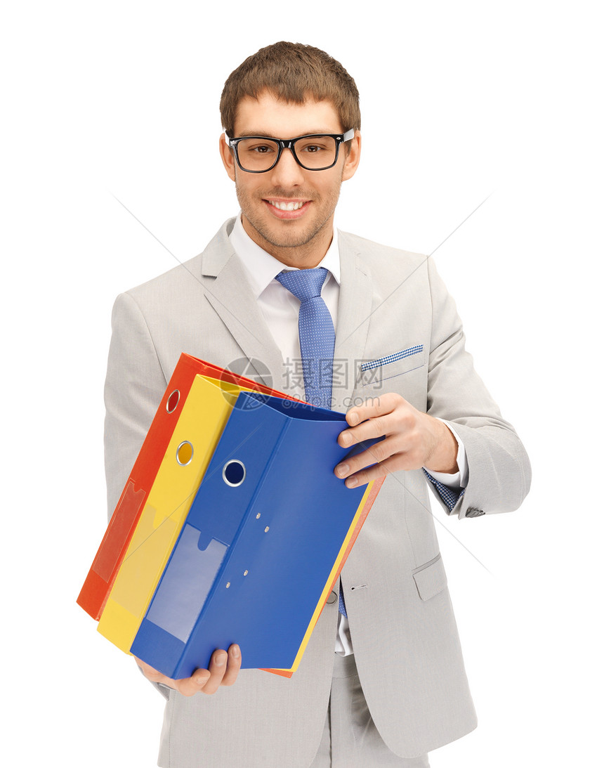 有文件夹的 man员工办公室企业家秘书学生男人生意人男性快乐微笑图片