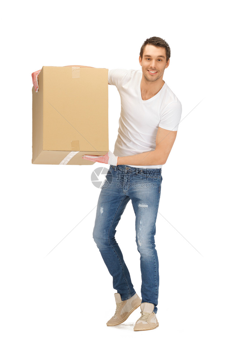 长着大盒子的帅帅帅男人小伙子销售量纸盒送货工人邮政快乐包装绅士伙计图片