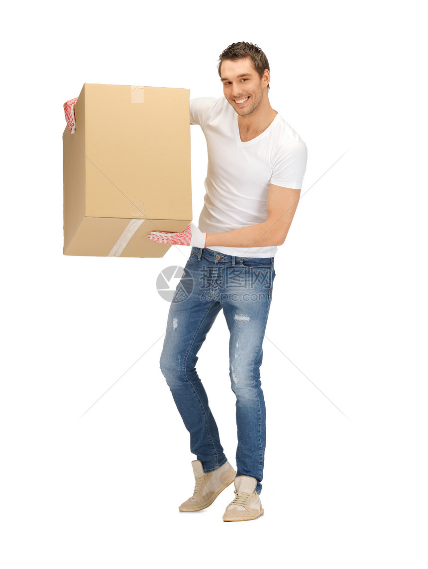 长着大盒子的帅帅帅男人包装工人船运运输微笑服务商业纸盒小伙子销售量图片